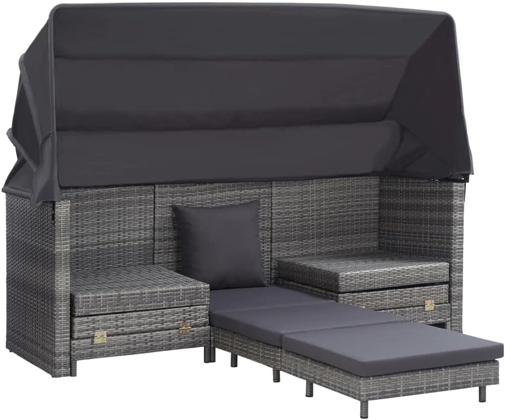 Extendable 3-Seater Sofa Bed Gray Poly Rattan Roof Versatile Attractive for Outdoor Seating Patio Decor