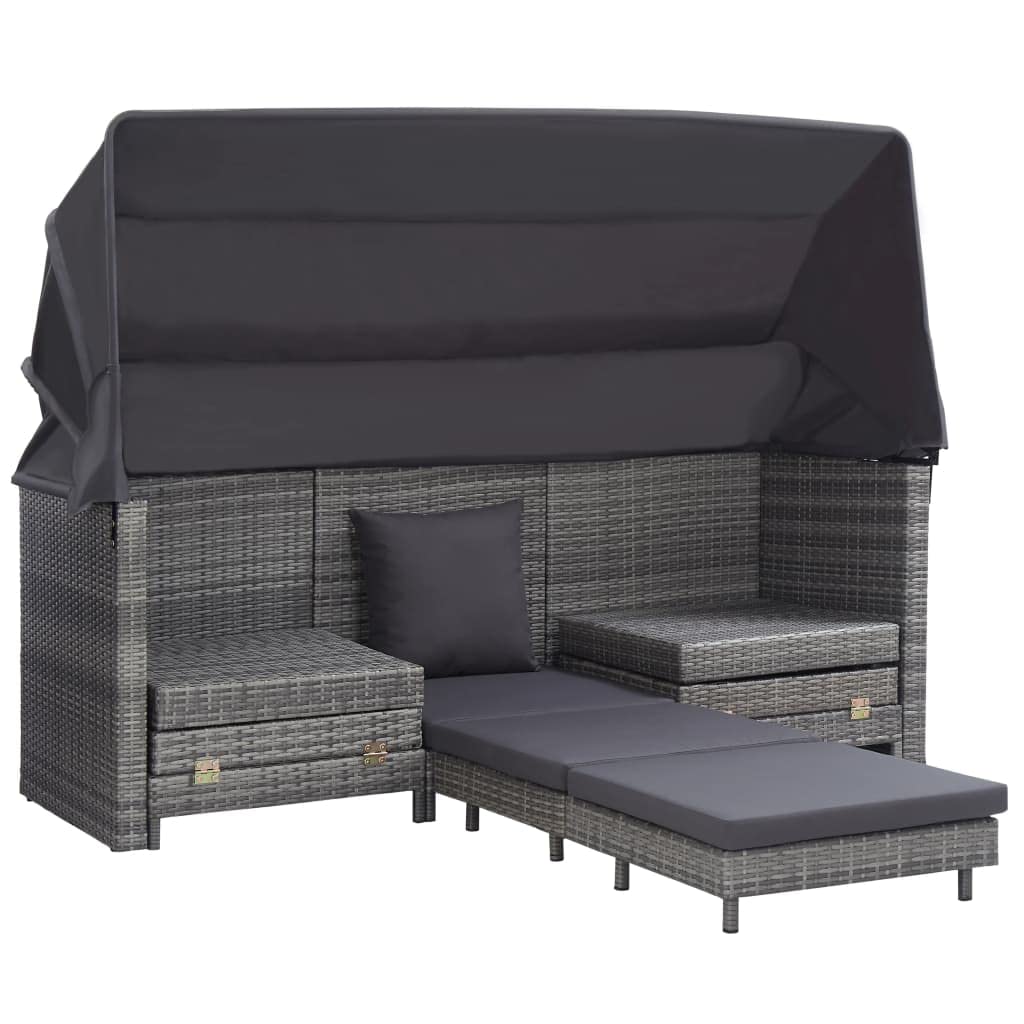 Sofá cama extensible de 3 plazas con techo de poliratán gris resistente a la intemperie, marco de acero y cómodo cojín acolchado para jardín y patio, incluye protección solar