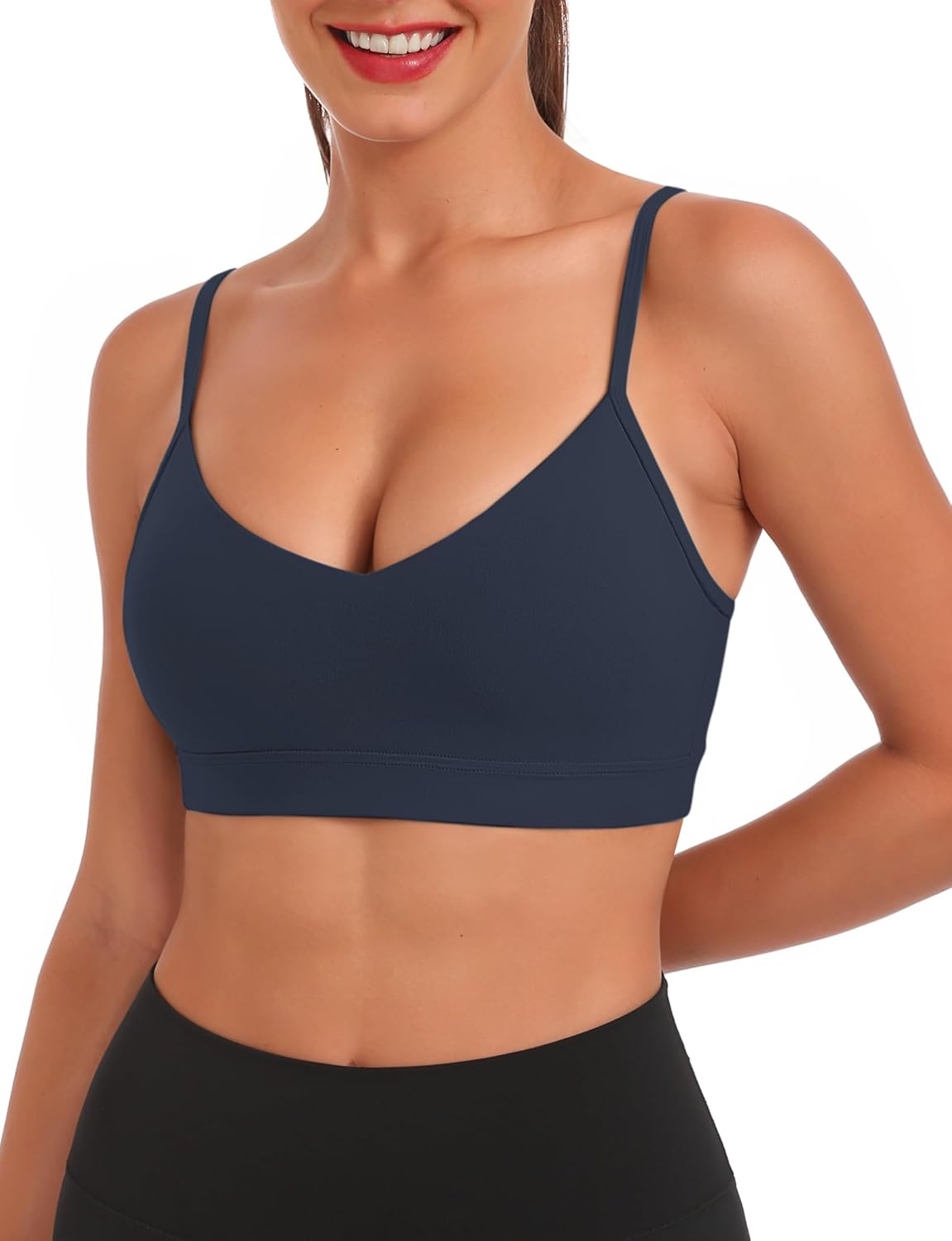 Buauty V Neck Sports Bra for Women, Padded Push up Women's Sport Bras Adjustable Thin Straps, Light Support Yoga Camisole Basic Top, Low Impact Spaghetti Strap Sport Racerback Bras Navy Blue L