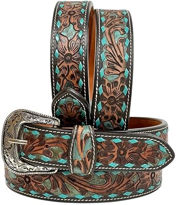 Affilare Western Leather Belt Heavy Duty Belt Tooled Antique Finish with Turquoise Buckstitch Belt 30AB111