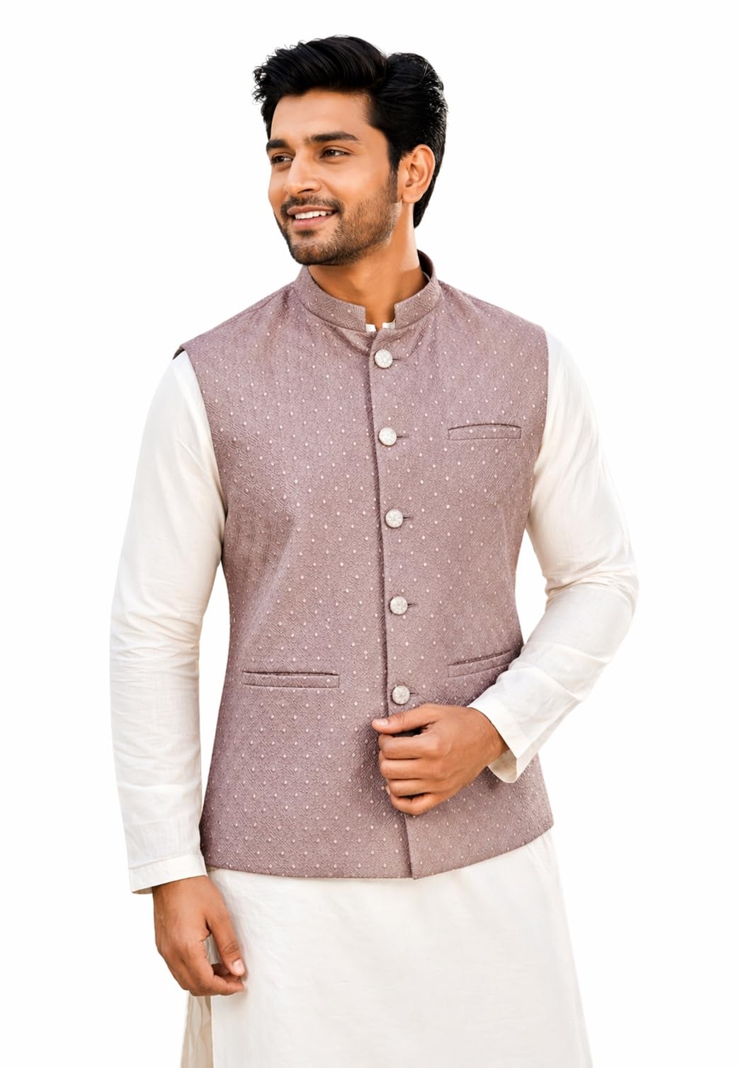 amazon brand - tavasya Dusty Mauve Men’s Floral Textured Festive Jacquard Nehru Jacket (HOPMJ618_L)-picture-11