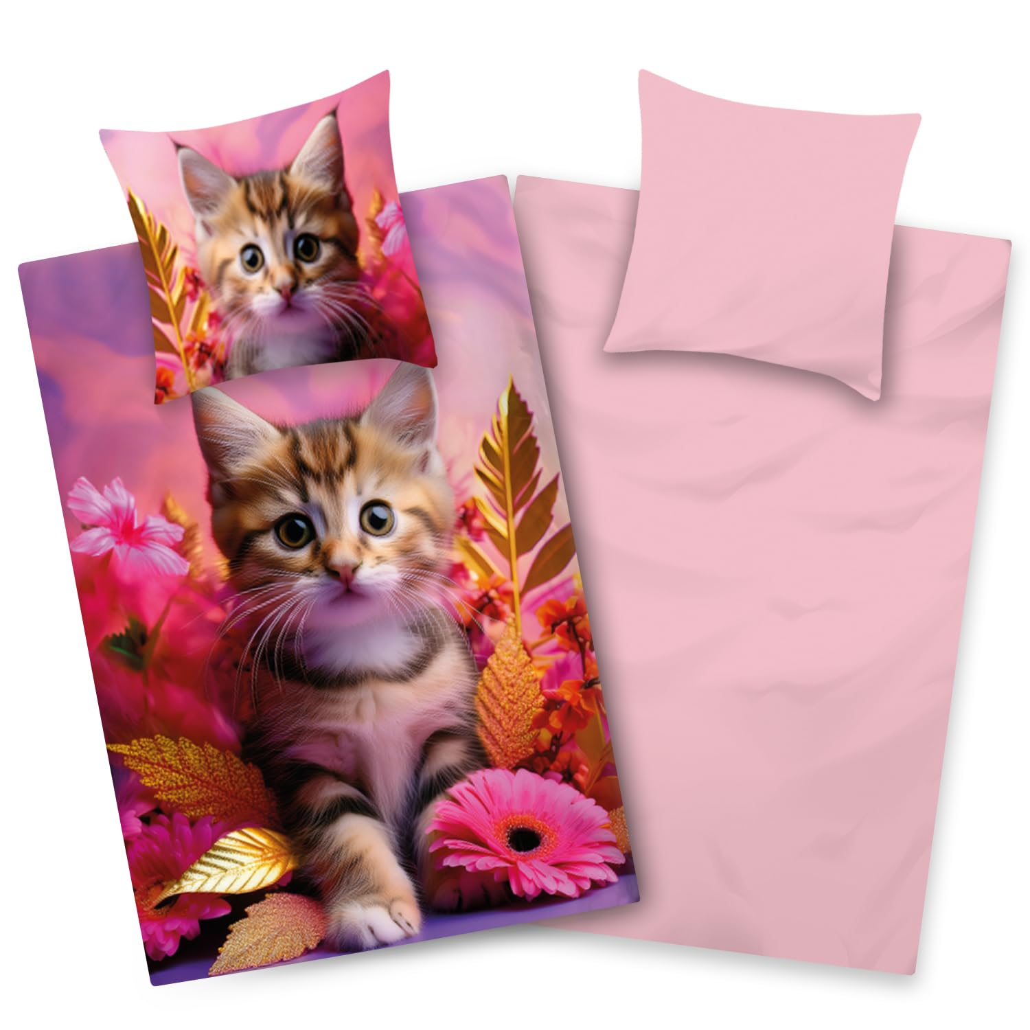 Aminata kids Bettwäsche Katze 135x200 Mädchen | Wende-Kinder-Bettwäsche-Set Katzen-Motiv | 100% Baumwolle | YKK Reißverschluss pink