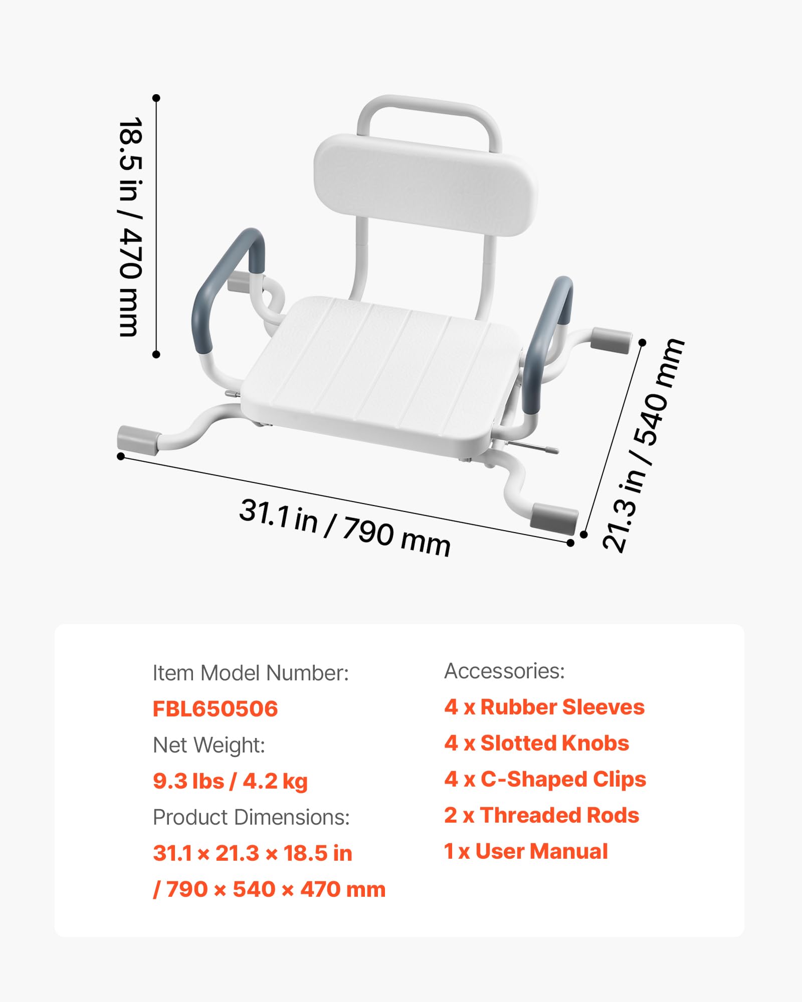 VEVOR Tabla de Bañera con Brazos y Respaldo, Asiento de Bañera con Mango Carga de 100 kg, Ancho de 740 mm o 790 mm Silla Giratoria de 360° para Adultos, Personas Mayores, Personas con Discapacidad