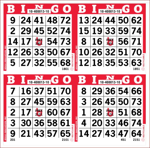 4 on Red Bingo Paper Game Cards - 750 Sheets - 8 Inch Square Size Disposable Sheet - Made in USA