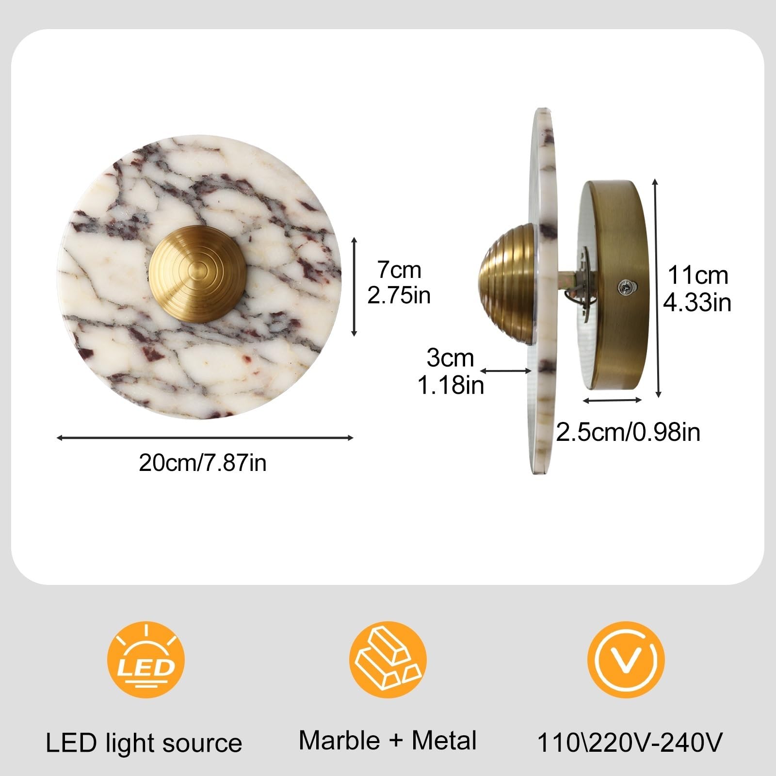 Okrągły marmurowy kinkiet ścienny, mini kinkiet nocny, kinkiet z naturalnego alabastru, LED - 9W - 3000K, ultracienkie kamienne kinkiety na klatkę schodową, salon, przedpokój(Brass)