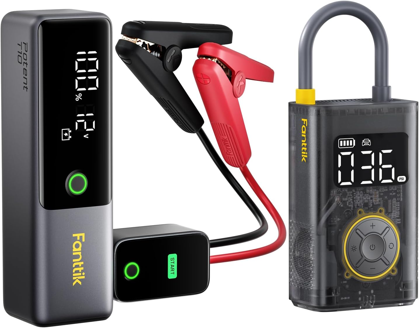 Fanttik Potent T10 1800A Portable Jump Starter and X9 Pro Mechanical Gray Portable Tire Inflator for Compact Car