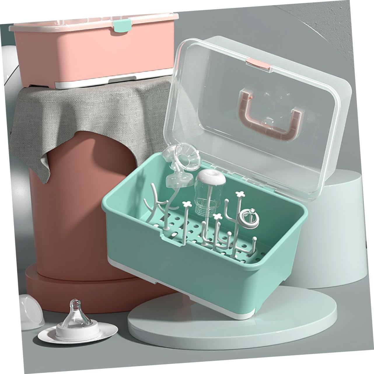 Hohopeti Babynahrungsflaschen Trockengestell mit Deckel Küchenorganizer für Babyflaschen und Zubehör Aufbewahrungsbox mit Abtropfschale Praktischer Flaschenhalter für Stillzubehör Grün