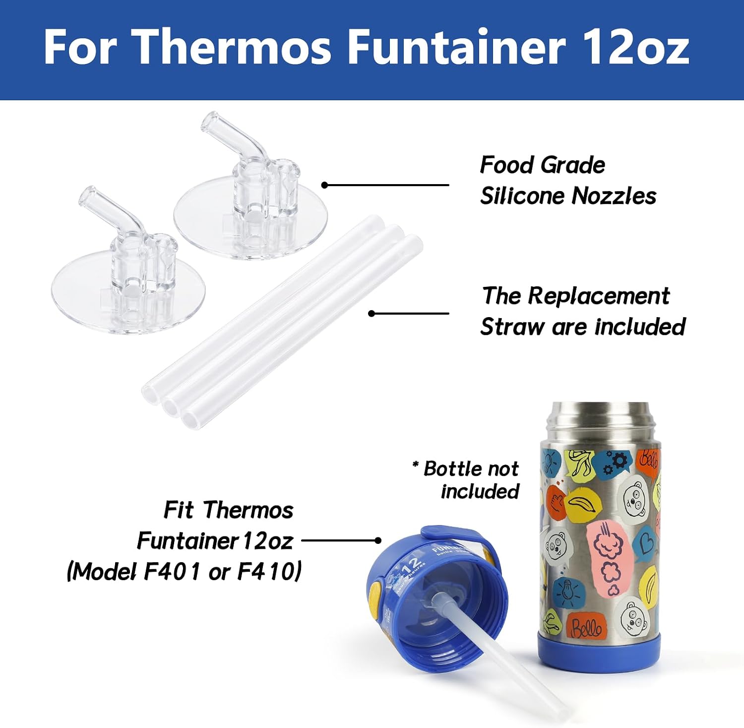 Greant Replacement Straws for Thermos 12oz Bottle (Model F401 & F410), 2 PCS Replacement Parts for Thermos F401, fit Funtaier 12 oz