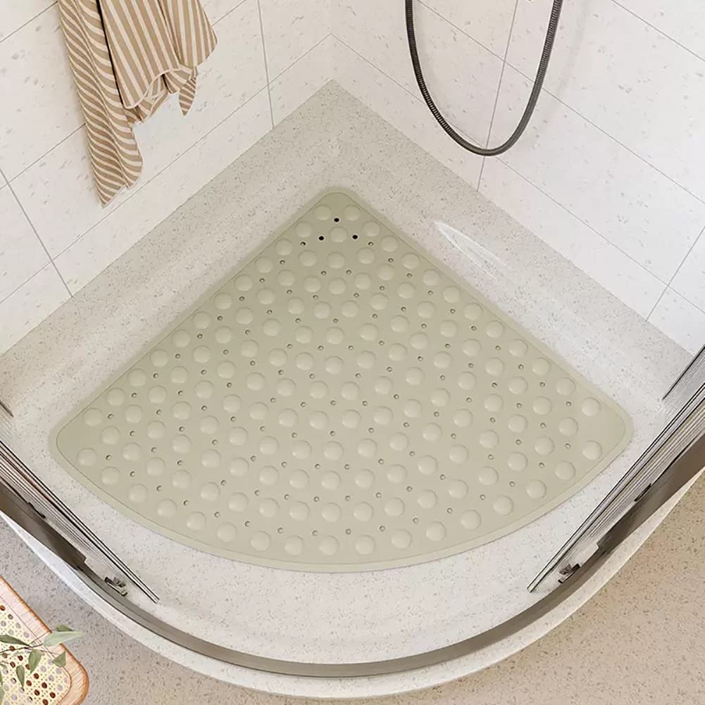 QYMYOZ Anti-Slip Triangular Shower Mat 80x80cm - TPE Non-Slip Bath Mat with Suction Cups & Drainage Holes for Bathroom or Bathtub (Beige)