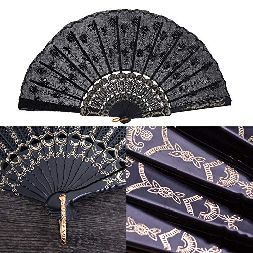 Ycnpeatt 2Pcs Peacock Pattern Sequin Fabric Hand Fan Black And White Lace Folding Fan Handheld Folding Fan For Diy Wall Decoration Parties Weddings The Dance Floor (Yiyi-01) #TOP2