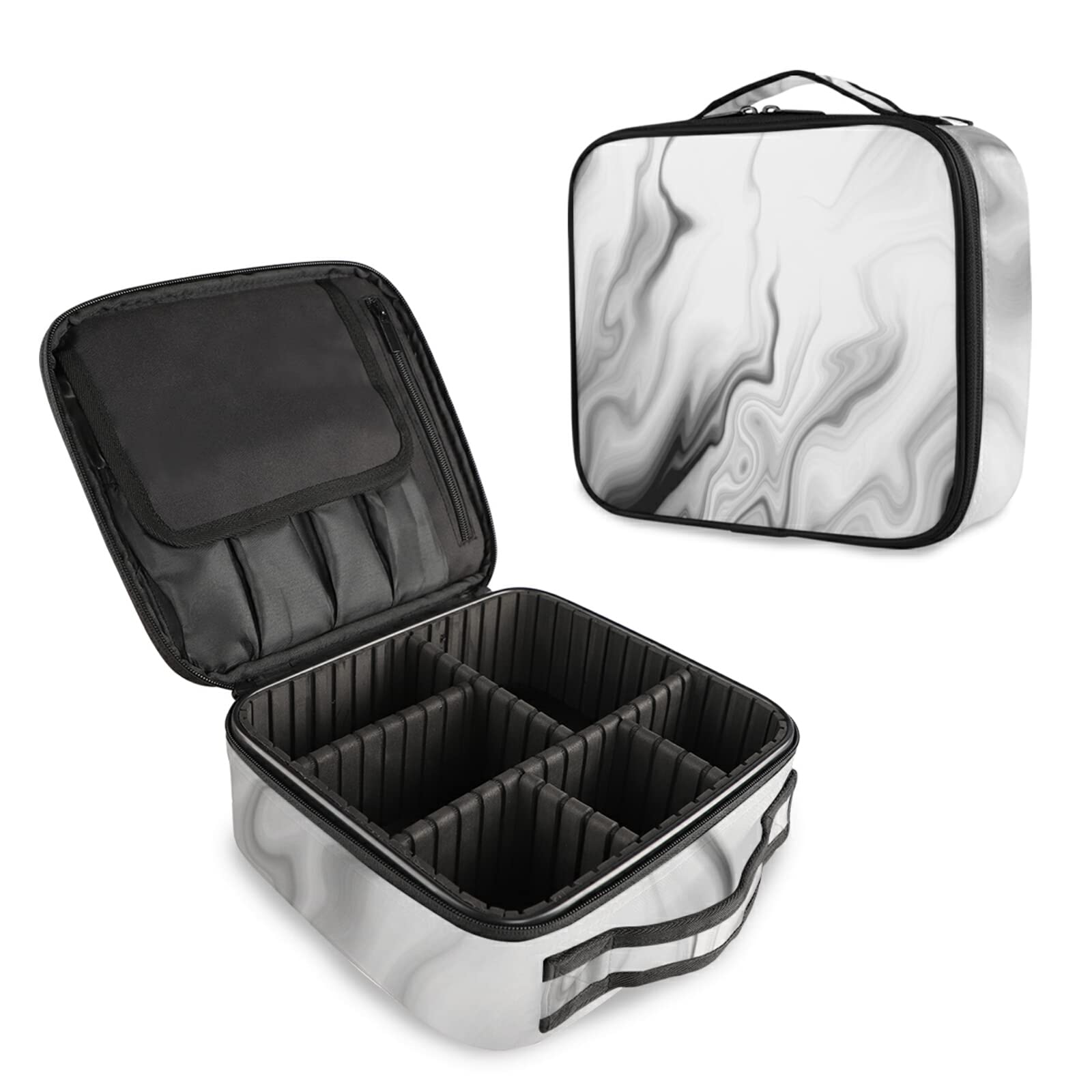 Black White Liquid Marble Agate Slab Paint Pastel Macro Wavy Women's Portable Makeup Bags with Handle, Adjustable Dividers, Travel Cosmetic Toiletry Accessories Storage Organizer for Girls