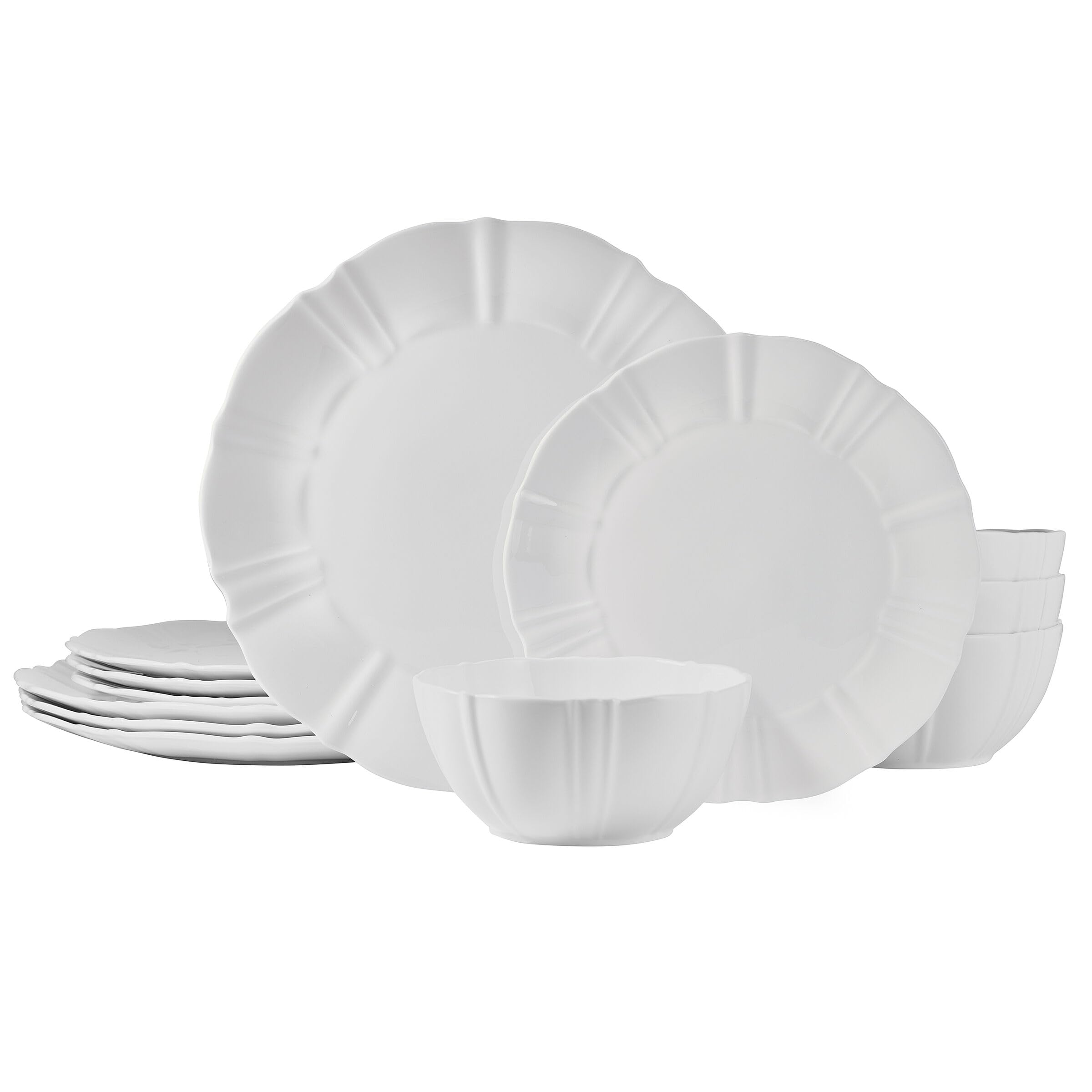 Belle 12 Piece Durable Bone China Plates Bowls Dinnerware Set, White