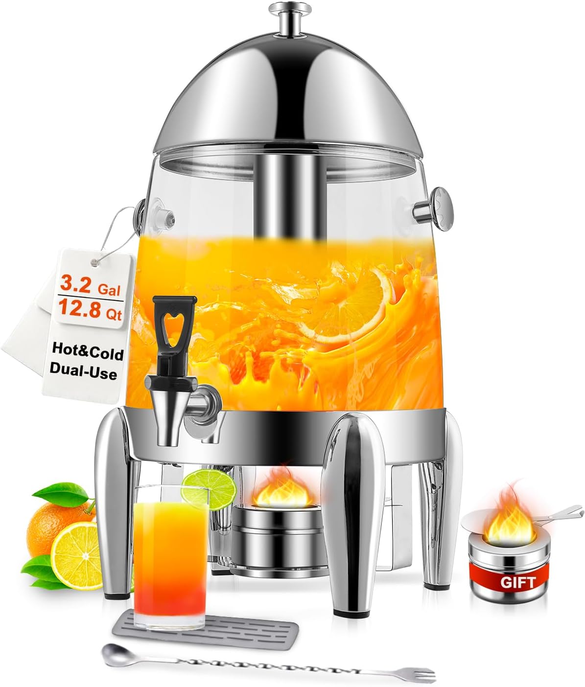 3 Gallon Beverage Dispenser with Stand, Stainless Steel Drink Dispensers for Parties, Large Juice Dispenser with Ice Core, Spigot, Fuel Holder, Tea Water Lemonade Dispenser