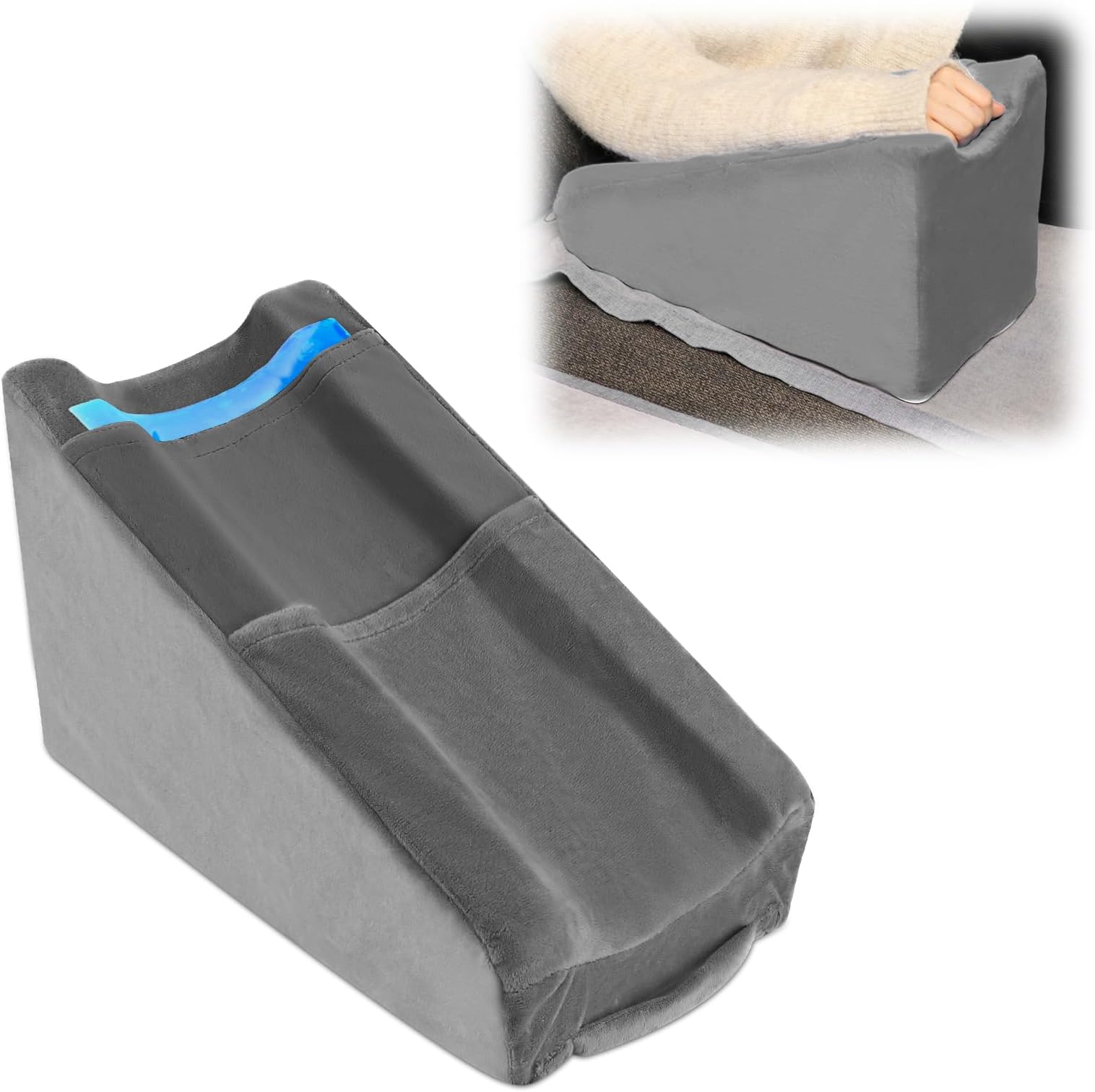 Hossmily Arm Elevation Pillow with 2 Ice Pockets, Arm Wedge Elevation Pillow Excellent, Ergonomic Elbow Support Pillow for Sleeping Arm Pads Elbow Pillow with Removable Pillow Case-Gray