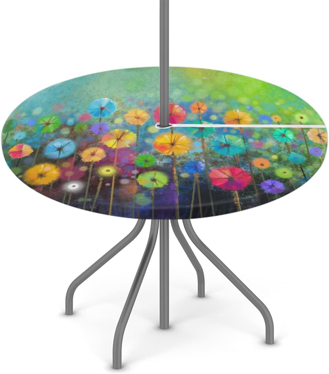Outdoor Tablecloth Abstract Poppy Round Fitted Table Cover with Zipper and Umbrella Hole, Waterproof Elastic Edged Table Cover for Party, Picnic and Patio, Fits Tables up to 45"-56" Diameter