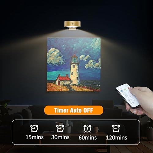 Miniatura 10 de Paquete de 2 luces de imagen para pinturas, funciona con pilas, con control remoto, 3 luces de exhibición, luz magnética regulable y temporizador de