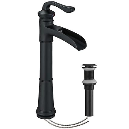 Black Sink Faucet Bathroom Waterfall Vessel Sink Faucet Matte Black Bathroom Sink Faucets & Parts Pop Up Drain Stopper One Handle Single Hole Vanity Deck Mount Supply Line Lead-Free by Bathfinesse