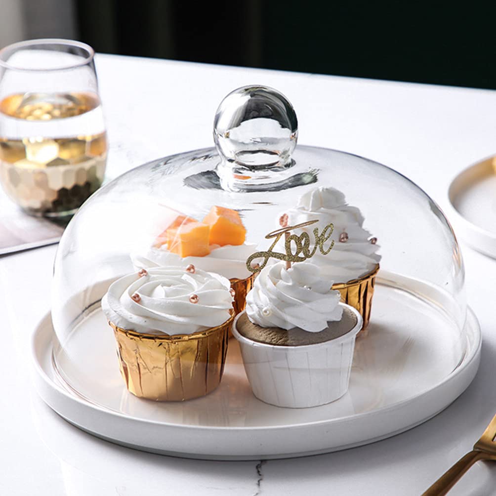 Hemoton Round Cake Tray with Dome White Ceramic Cake Plate Server and Clear Glass Dome Cake Stand Serving Tray Dessert Plate Fruit Platter with Glass Cover 6 inch