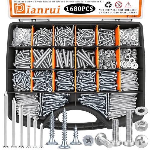 Image of Dianrui 1680 PCS Nails and Screws Assortment Kit & Screw Bolts and Nuts, M3 /M4 /M5 /M6 Machine Screws, Small Nails for Picture Hanging, #6#8 Drywall Screw Set for DIY Repair Project Length 1 /2 inch to 2 inch