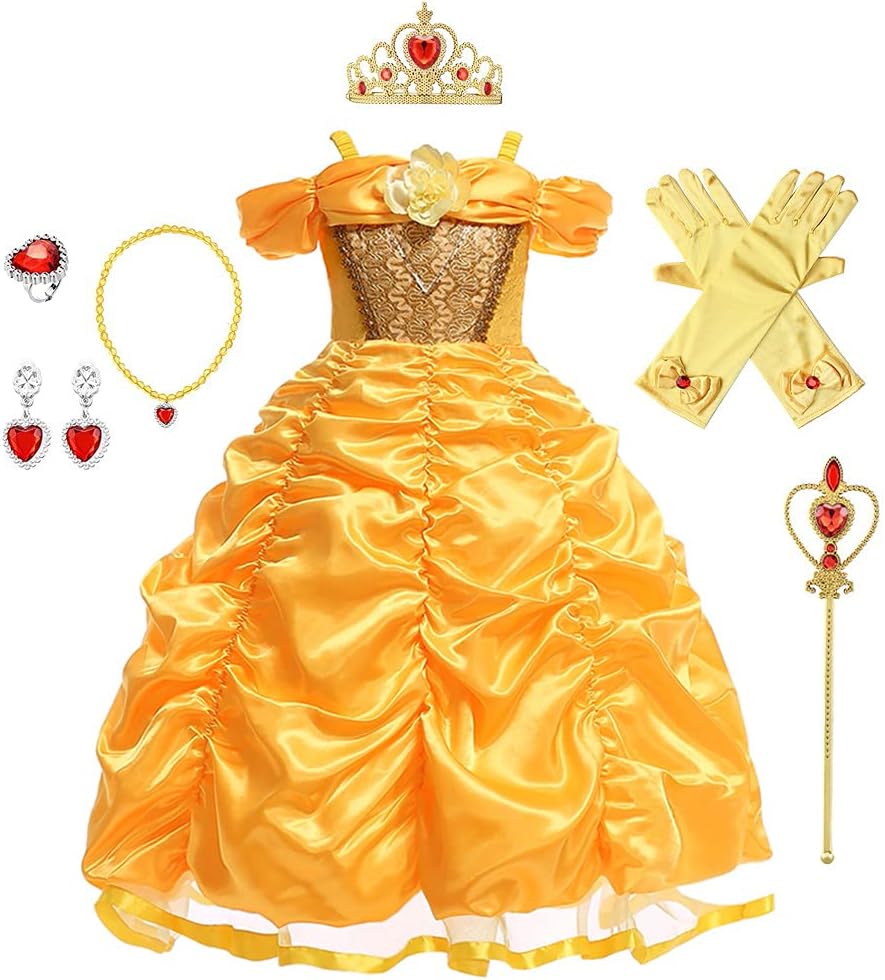 CinheyUGirls Belle Princess Birthday Party Dress w/Accessories Beauty and the Beast Costume Carnival Halloween Christmas Outfits