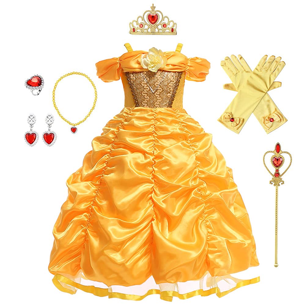 CinheyUGirls Belle Princess Birthday Party Dress w/Accessories Beauty and the Beast Costume Carnival Halloween Christmas Outfits