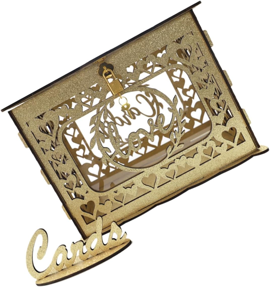 Wooden Hollow Glitter Card Box Square Greeting Card Holder Wedding Anniversary Blessing Container for Party Event Decoration
