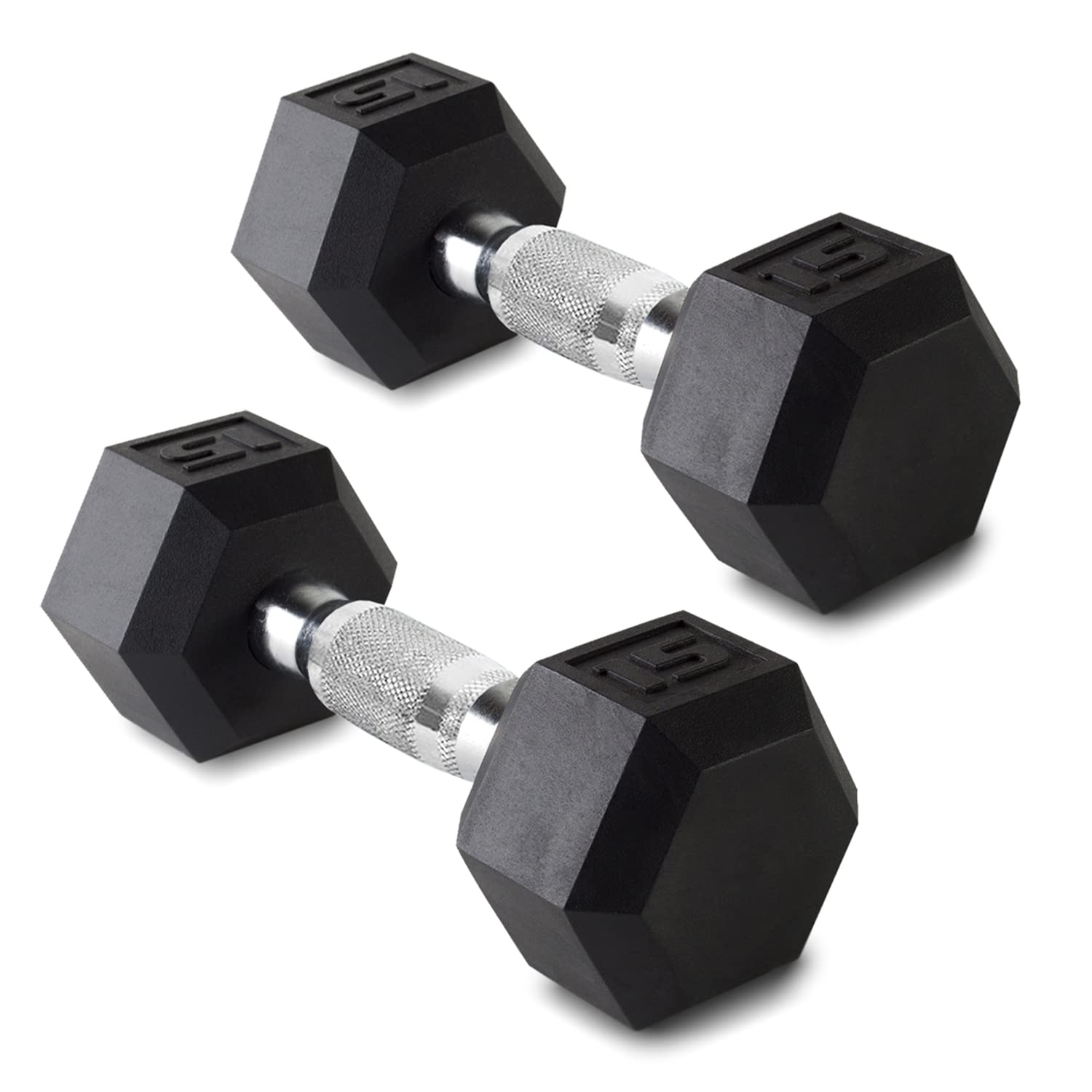 ATcuji 15LB Set of 2 Hex Dumbbells Rubber Coated Cast Iron Hex Black Dumbbell Free Weights for Exercises Neoprene Dumbbell Hand Weights Anti-Slip Anti-roll Hex Shape Colorful 15Lbs Pair
