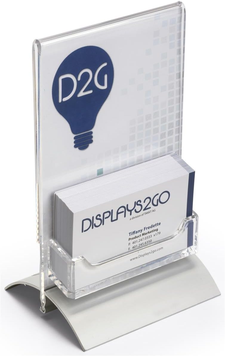 Displays2go Set of 2 - Sign Holder with Business Card Pocket, 8.5" x 11", Tabletop or Countertop (Acrylic and Aluminum)