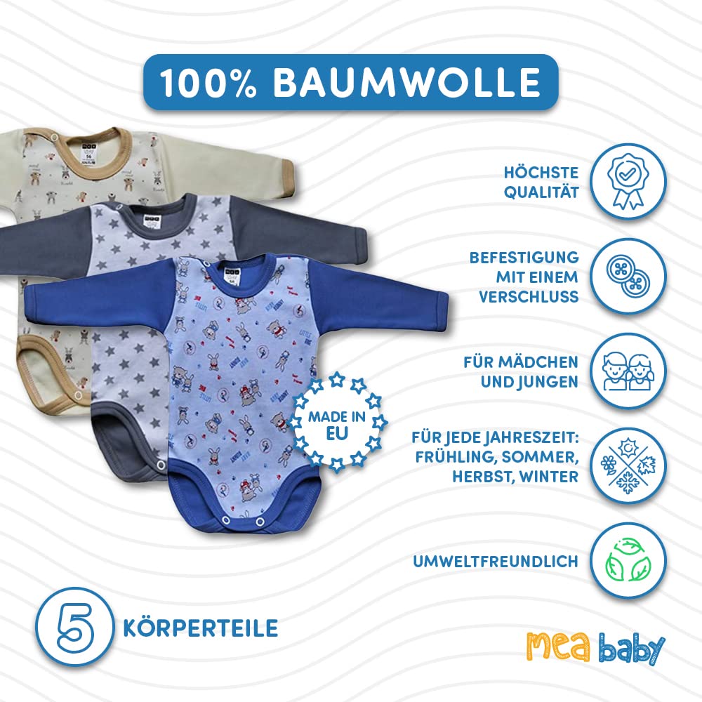Body unisex de manga larga para bebé de Mea Baby, 100 % algodón, en paquete de 5 unidades, con estampado, body de manga larga para bebé