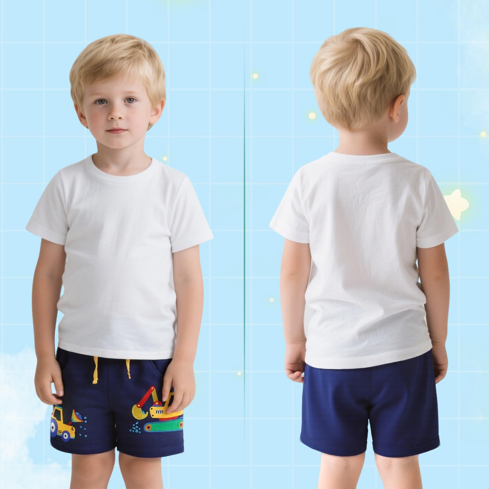JinBei Pantalon Corto Niño Verano Algodón con 2 Bolsillos Cómodos Ropa Cintura Elástica Bermudas Niños Patrón de Dinosaurio y Excavadora para Correr, Deporte, Casual, Azul Marino 2-7 Años