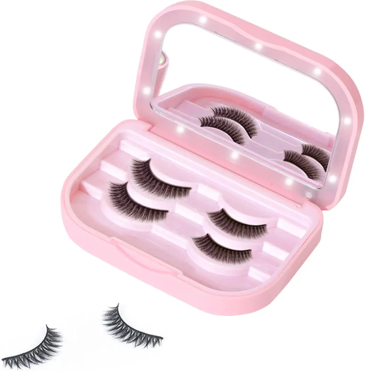 LXIANGN 3 Layers Eyelash Storage Box with LED Lighted Makeup Mirror Empty Travel False Eyelash Case Portable Eyelash Case Box Fake Lash Organizer with Diamond Top for Women and Girl