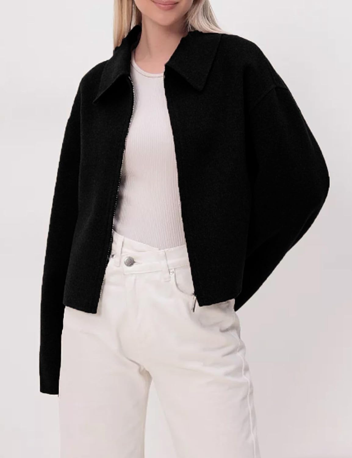 Womens Cropped Wool Jacket Plain Zipper Short Pea Coats Fall Winter Trendy Tweed Jackets 2025 - Image 7