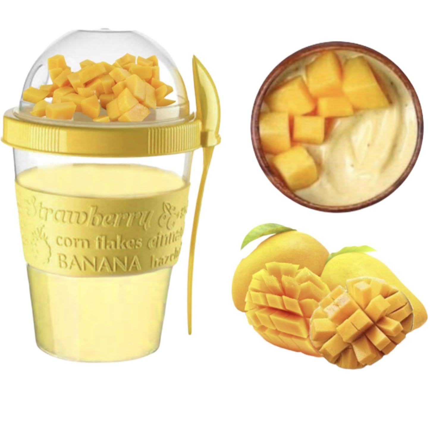 4All Reusable Yogurt Pots 600ml With Spoon Cereal Storage Containers With Lid Airtight Overnight Oats Jar BPA Free Breakfast Cup Cereal On The Go Dishwasher Safe (Yellow)