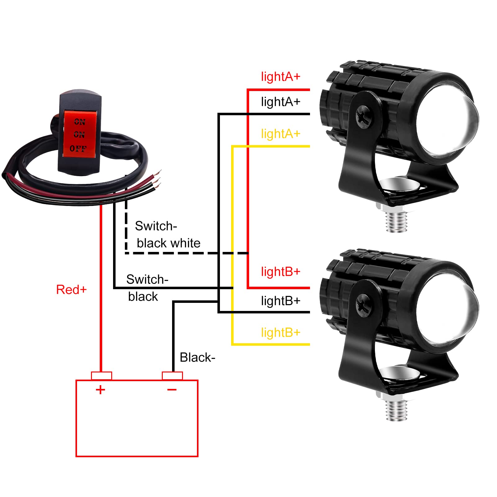 2 x luci di guida per moto con interruttore on/off, mini fari LED fendinebbia 12 W faretto, luci ausiliarie a doppio colore, 6000 K, bianco, 3000 K, giallo, per bici, ATV, UTV, camion, SUV