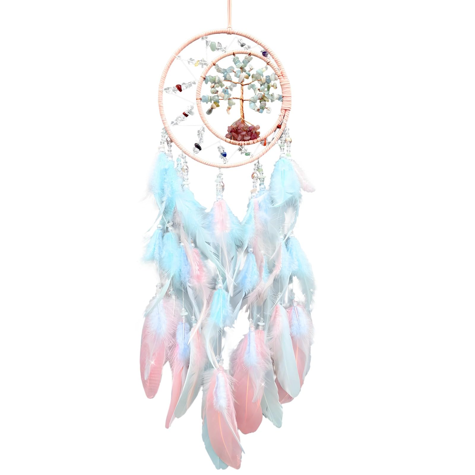 Traumfänger mit Federn, Wanddeko für Schlafzimmer und Chakra, Boho Federkunst für die Wand, handgefertigtes Design mit Lebensbaum Motiv und Kristallsteinen, 28,3 Zoll Langer Eisenrahmen