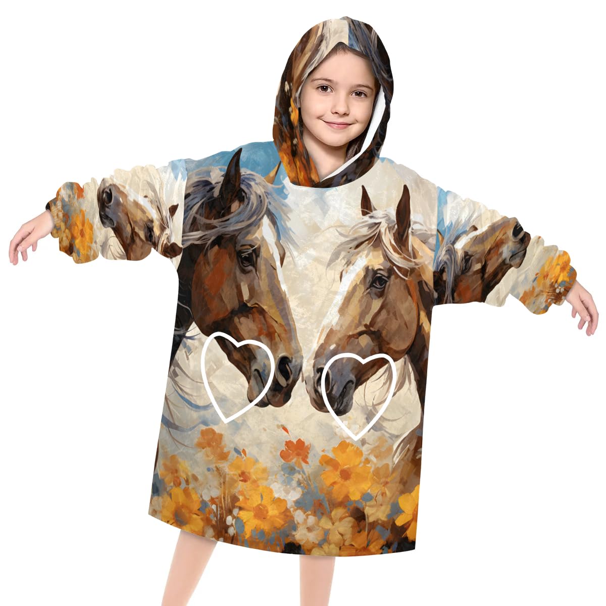 Pardick Wearable Blanket Hoodie for Kids, Brown Horse Fleece Sweatshirt Blanket Oversized Blanket Sweatshirt with Pocket Flannel Warm Hooded Blanket 6-10 Year Old Girl Boy Gift, One Size