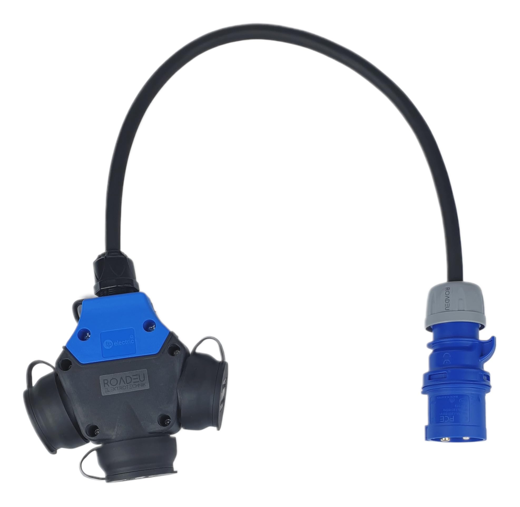 RoadEu – Adaptateur CEE 16 A 3 pôles vers 3 Prises Schuko – Boîtier de Distribution IP44 avec câble de 0,5 m 3x2,5 mm² – Distributeur électrique pour Camping et Chantiers