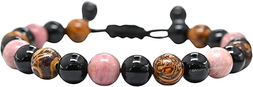 Taurus Zodiac Crystal Bracelet - Rhodonite Mariyam Jasper Black Tourmaline Birthstone Bracelets Women Men Healing Calming Anxiety Stress Relief
