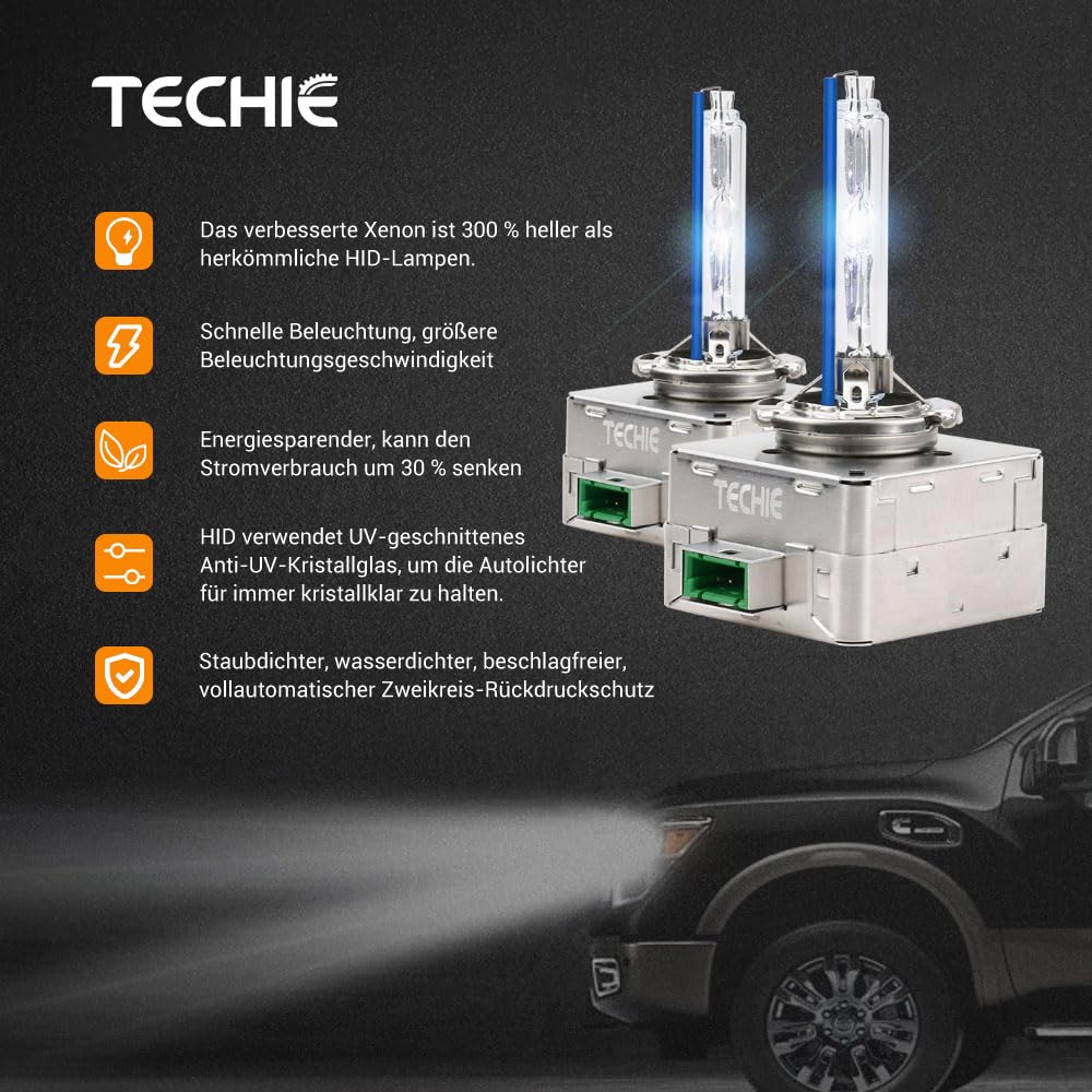 Techie D3S Xenon Brenner 8000k, 12V 35W Xenon Auto Scheinwerferlampe, Kaltblau Aluminium Fahrzeugscheinwerferbirne, HID Entladungs Lampe Ersatz Kit– 2 Stück (D3S-8000K)