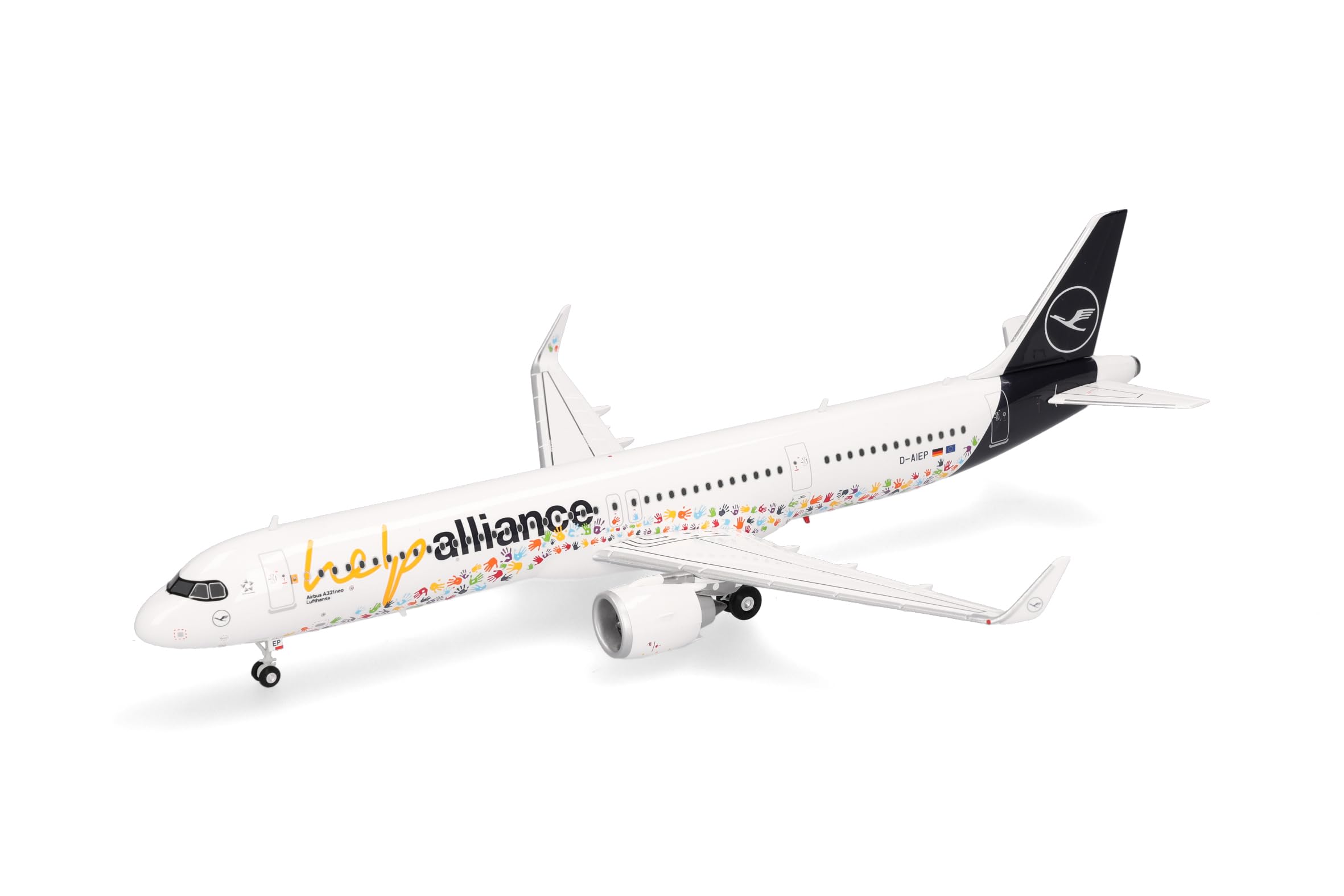 Herpa model samolotu Lufthansa Airbus A321neo „Help Alliance”, miniatura w skali 1:200, model kolekcjonerski, z podstawki, tworzywo sztuczne