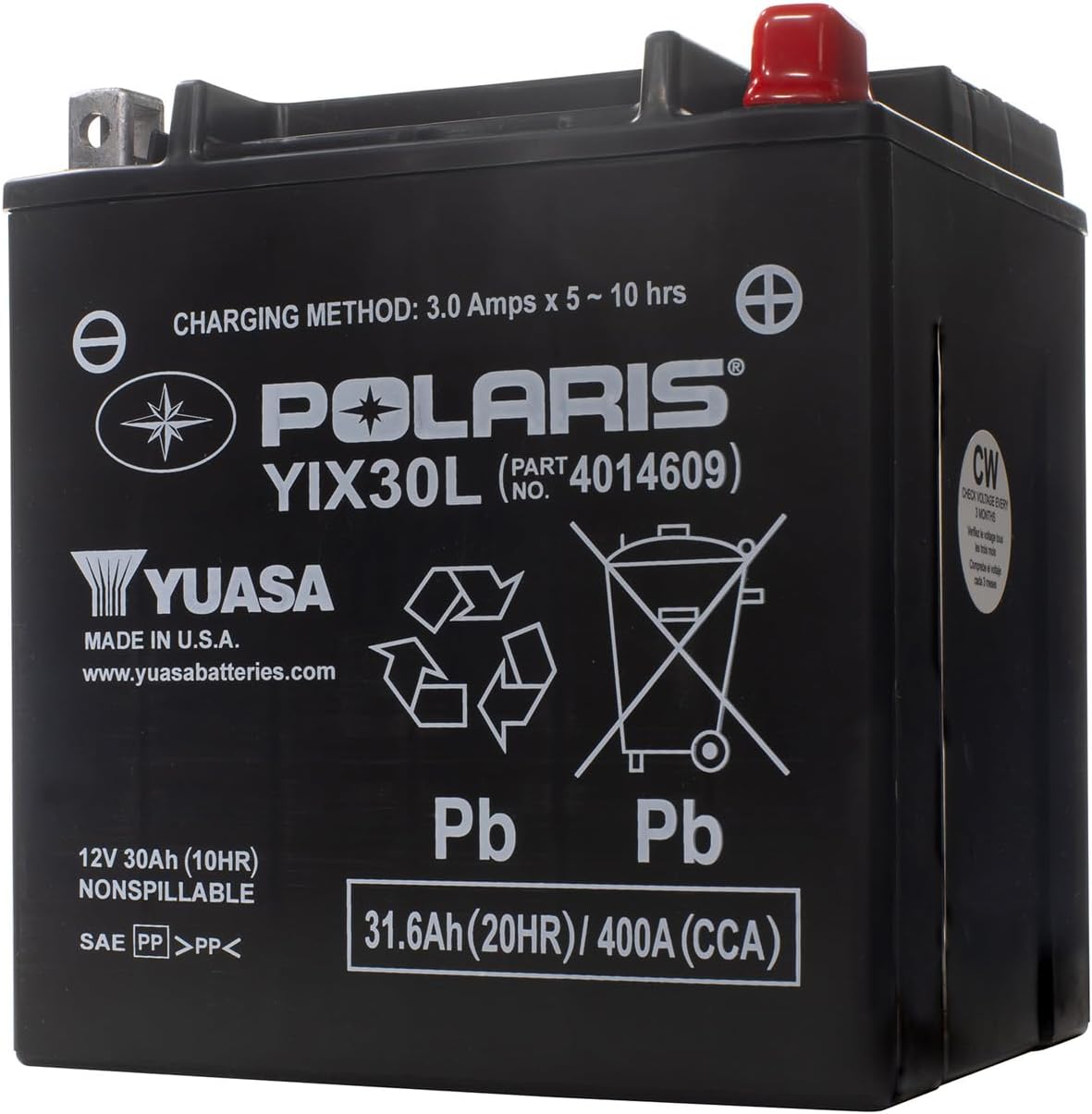 Polaris 12V 30Ah Sealed Rechargeable AGM Battery for Specific Sportsman, Scrambler, ACE, RANGER, RZR, Snowmobile, Slingshot Models, YIX30L, 400A CCA, Spill Proof, Maintenance Free - 4014609