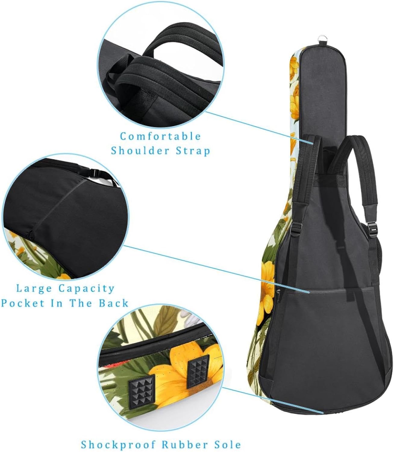 Acoustic Guitar Gig Bag 1 cm Thick Padding, Waterproof Electric Guitar Bag 40-42 Inch Guitar Case Backpack with Dual Shoulder Strap, Strawberry Plant with Leaves Yellow Sunflowers