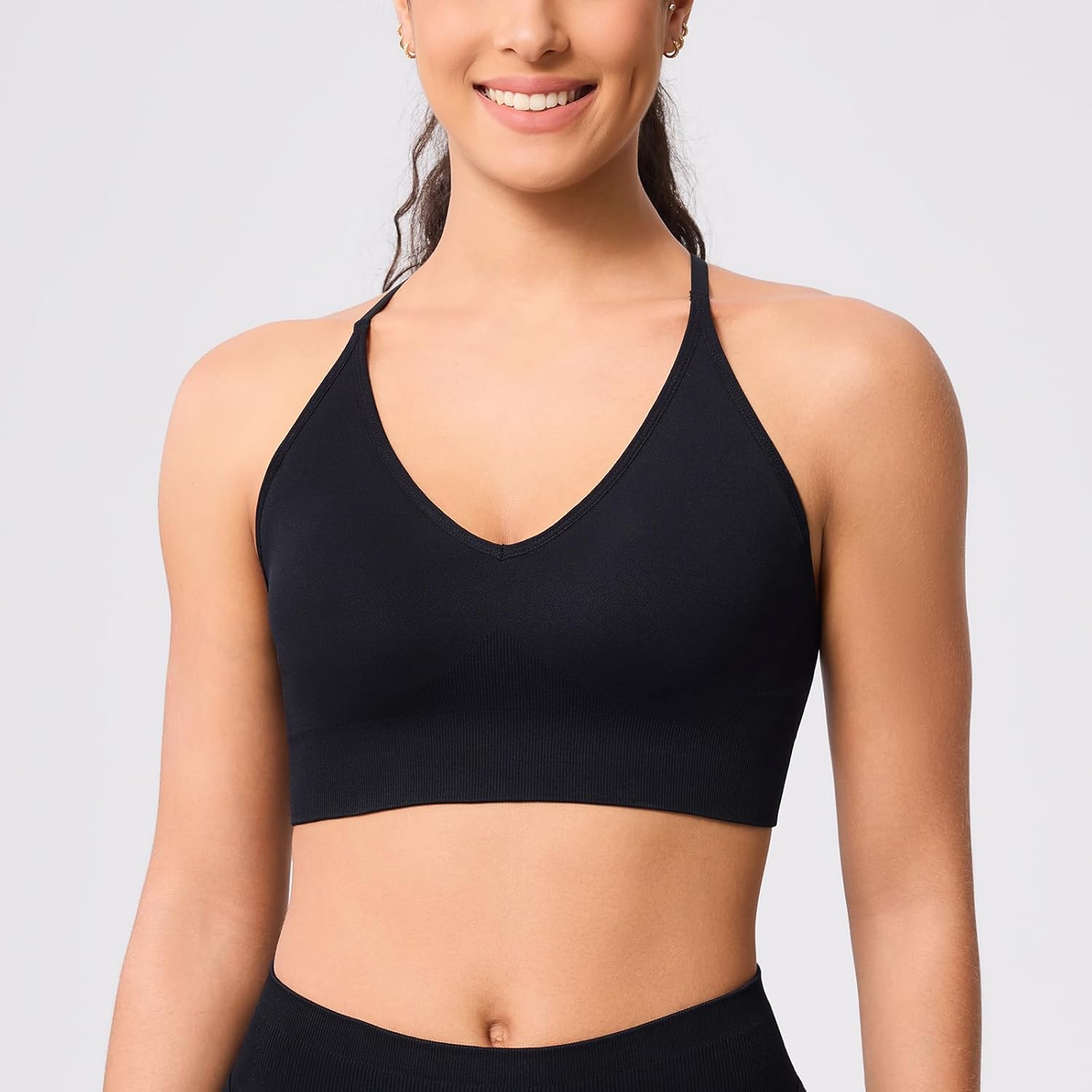 Strappy V Neck Sport Bra for Women, Multipack Padded Seamless Wireless Supportive Racerback Criss Cross Workout Yoga Bra Pack - Image 3