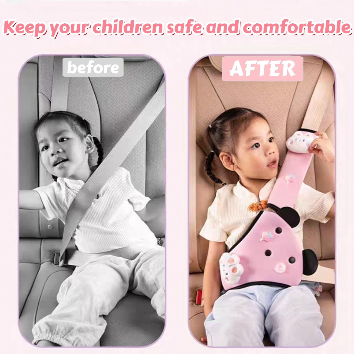 Zigihos Seat Belt Cover Pad for Kids, Cute Animal Child Seatbelt Adjusters & Triangle Cushion, Seatbelt Covers Support for Girls and Boys (Bear(Black))