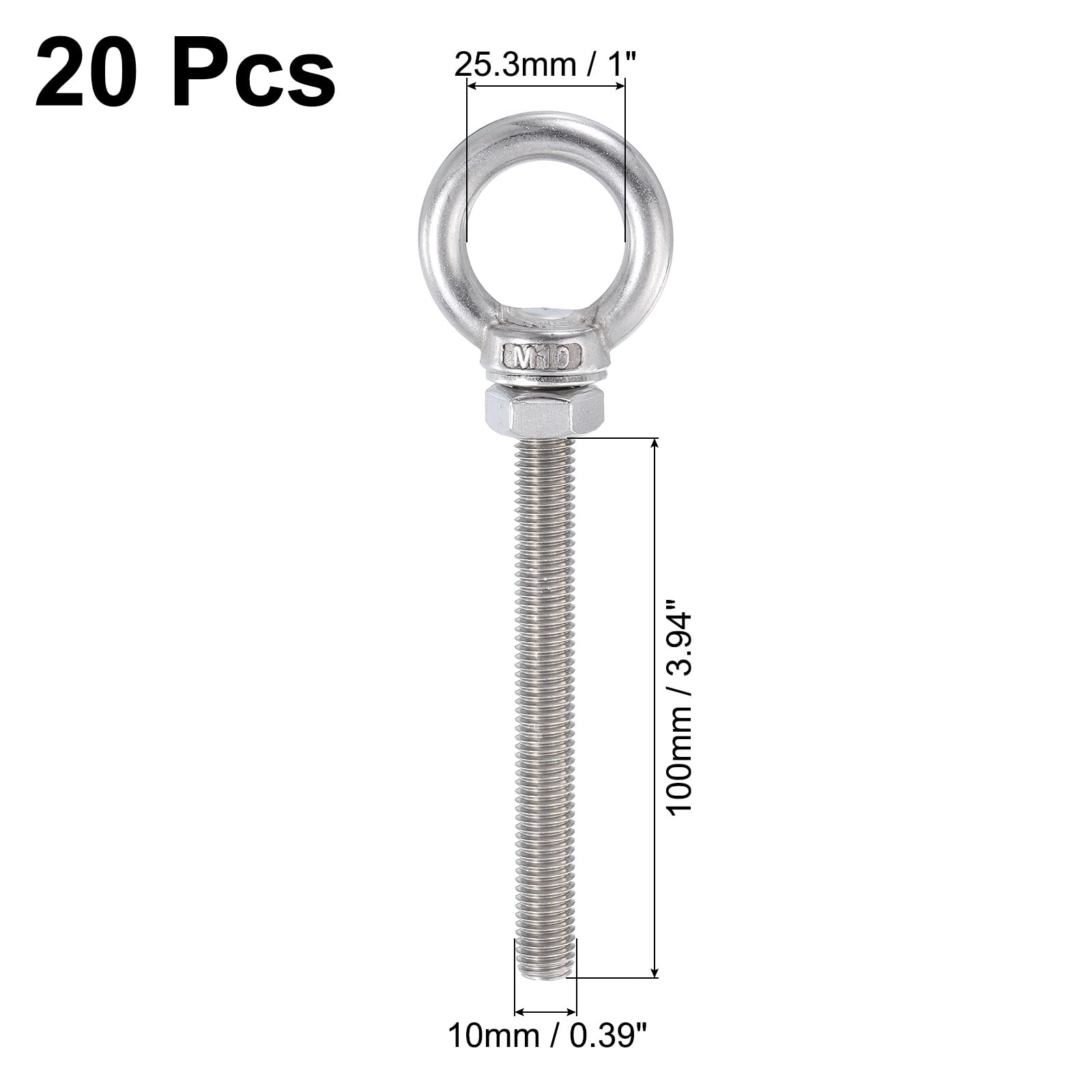 QUARKZMAN Oczka gwintowane, zestaw 20 sztuk M10 x 100 mm - 304 bolce oczkowe ze stali nierdzewnej z nakrętkami i podkładkami, Sworzeń oczkowy do podnoszenia barków morskich (srebrny)