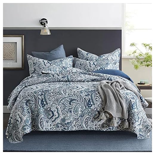 Autumn Dream Cotton Bedspread Quilt Sets, 3 Pieces Reversible Comforter Coverlet Sets,Blue Floral Paisley,Queen Size