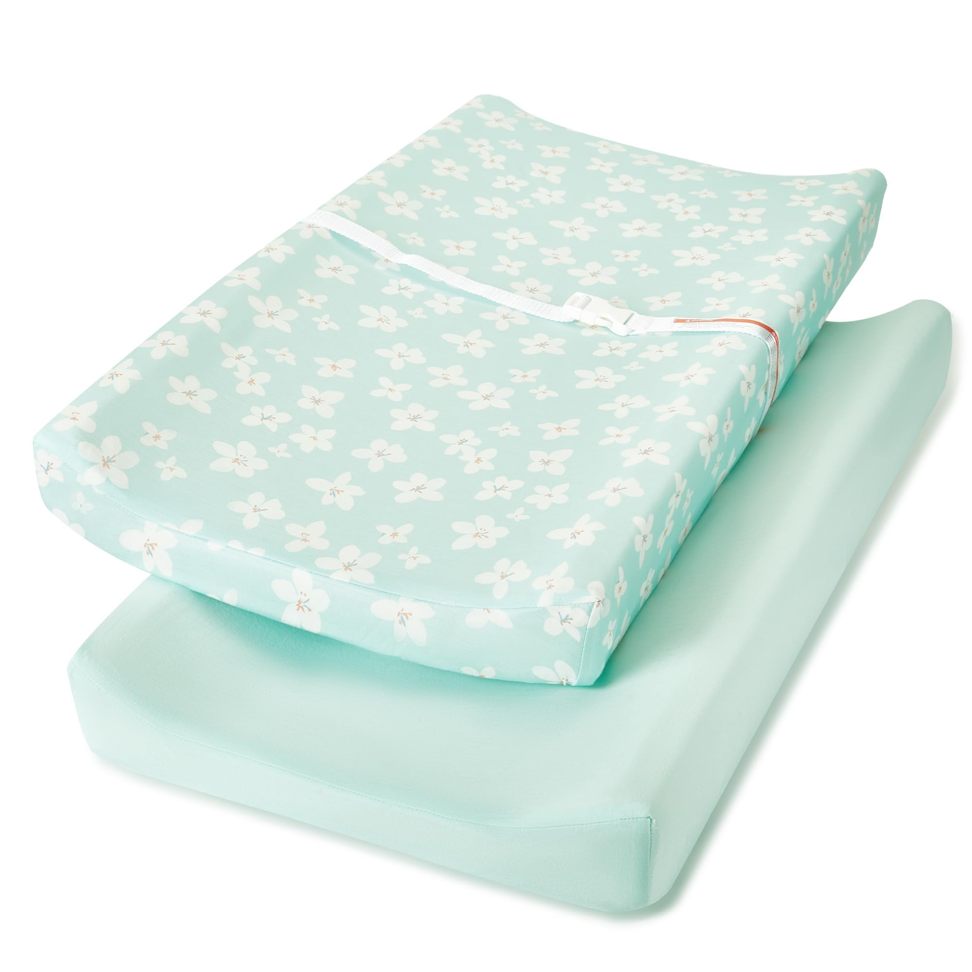 TILLYOU Changing Pad Cover Set in Soft Jersey Material - Fits 32"/34''x16 Contoured Pad for Babies, Fresh Flowers and Light Green
