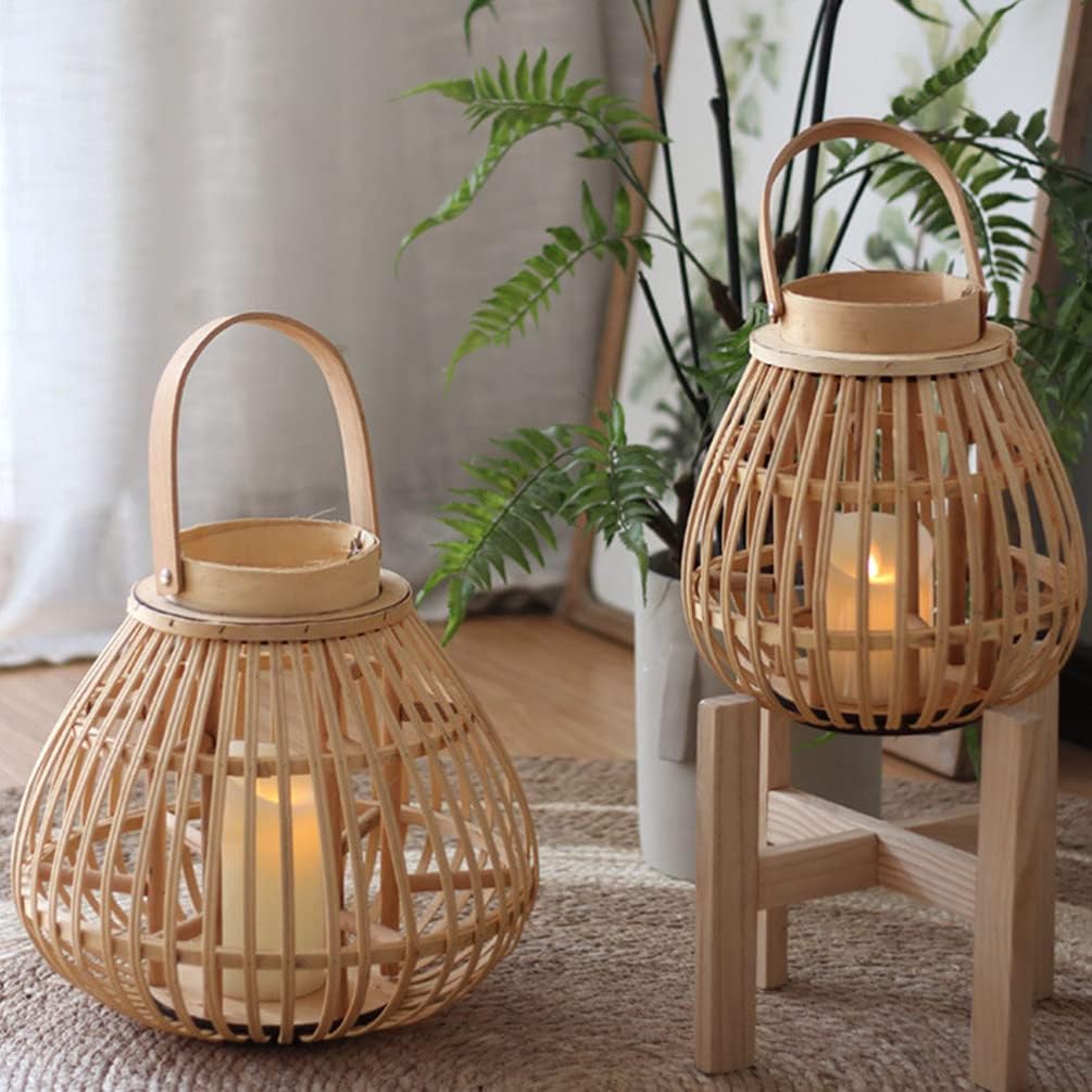 Rattan Natural Lantern Bamboo Hanging Lantern Outdoor Wicker and Rattan LED Candle for Patio Garden Home Decoration