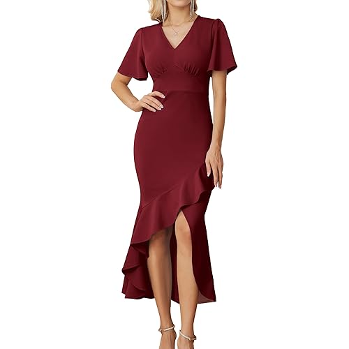 GRACE KARIN 2023 Elegant Ruffle Mermaid Formal Wedding Guest Dress Short Sleeve V-Neck Cocktail Dress for Women Evening Party