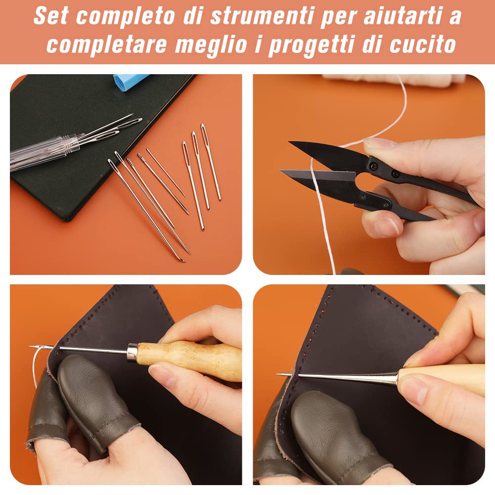 HRLORK Kit Cucito Pelle: 11 Aghi Curvi E Dritti Con Filo Cerato, Punteruolo E Ditale Per Riparazioni Fai Da Te - 3